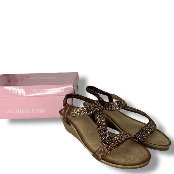 NEW GC Shoes Sandals Size 8 Brown rhinestone Embellished Low Wedge Strappy Boho - Picture 6 of 13